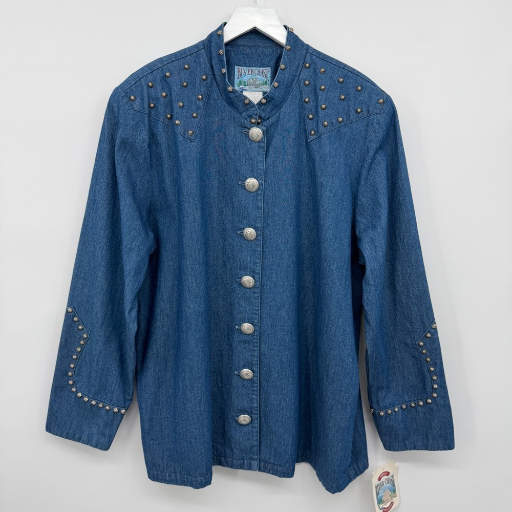 Vintage Western Denim Jacket Size 20 Silver Studded Shoulder Pads 1X 2X USA NWT